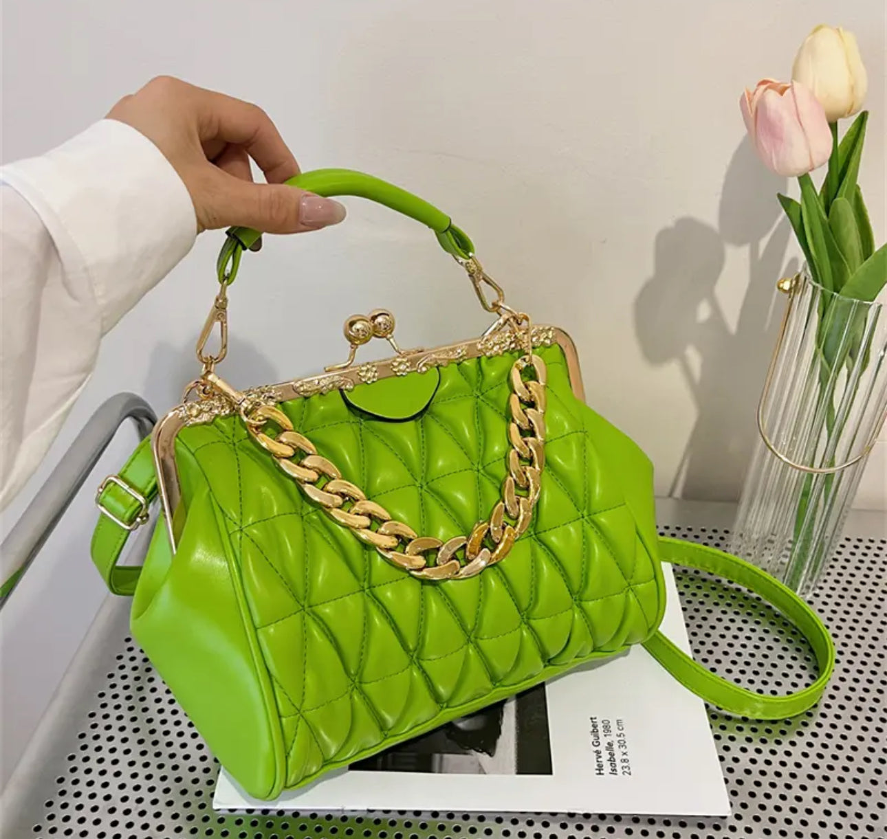 Lime Green Triangular Pleats Gold Chain Women’s Bag