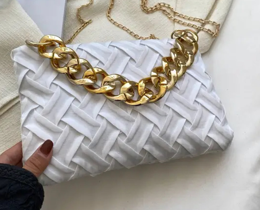 White Braided Pleated Shoulder Bag Gold Chain