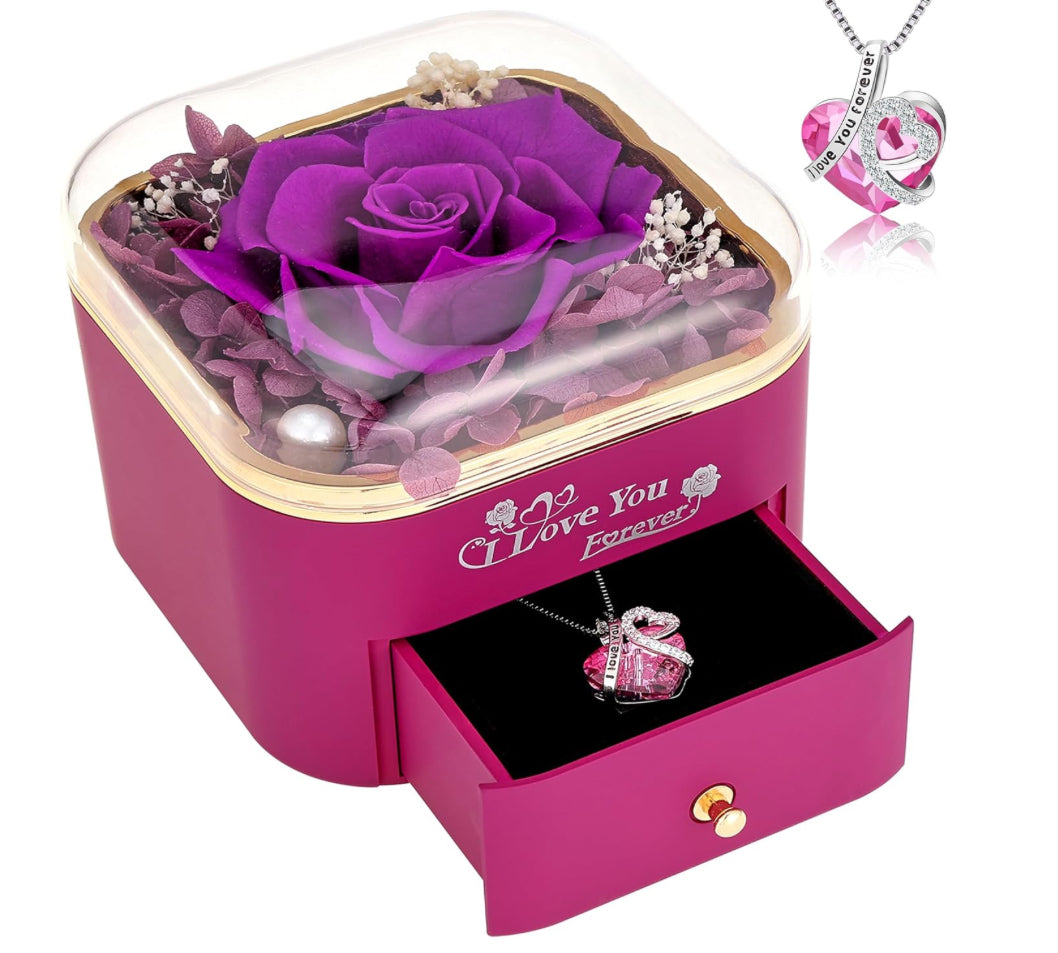 Preserved Purple Real Rose with Necklace